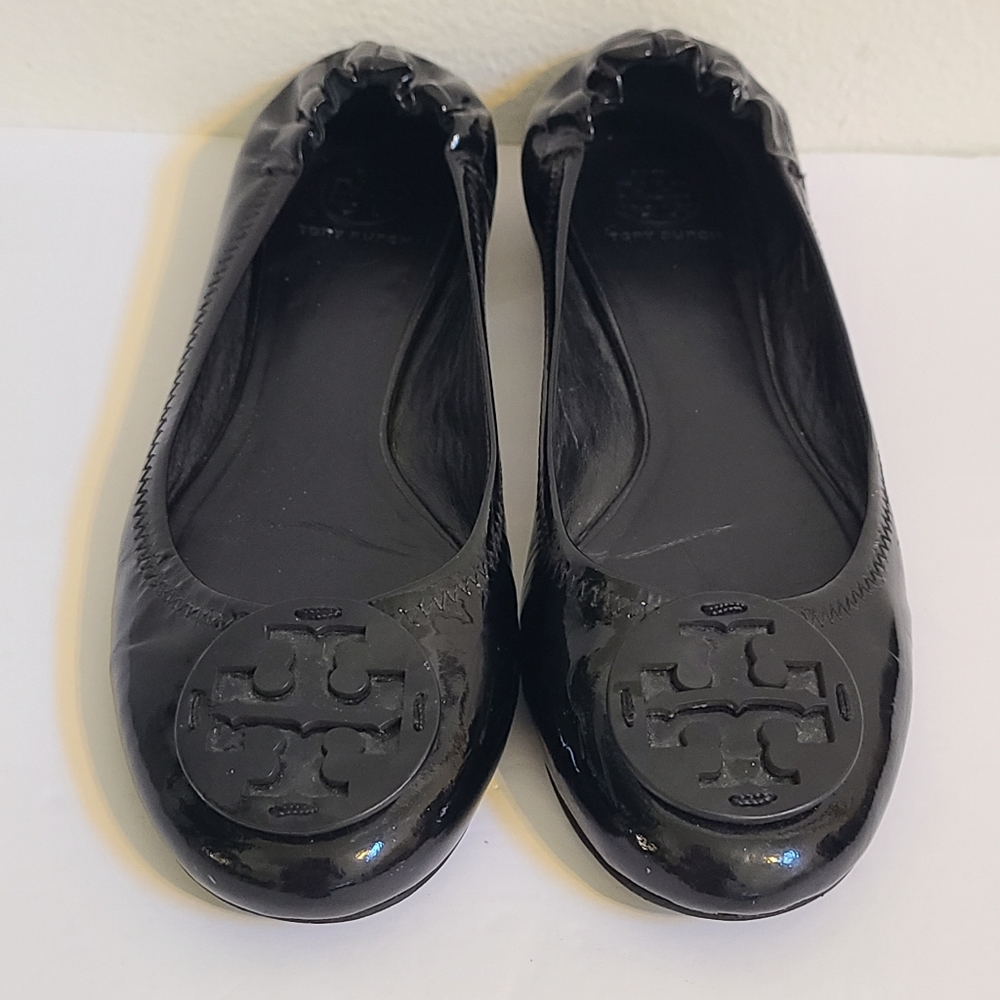 Tory Burch Womens Reva Black Patent Leather Ballet Flat Size 10 Slip On Shoes